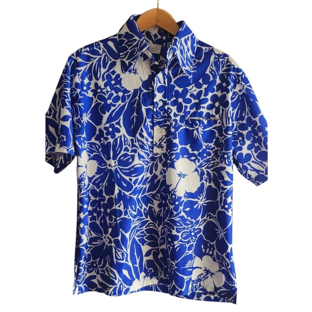 VTG Hawaiian Nei Honolulu‎ Floral Mens Camp Blue White Shirt 60s 70s Appx Large